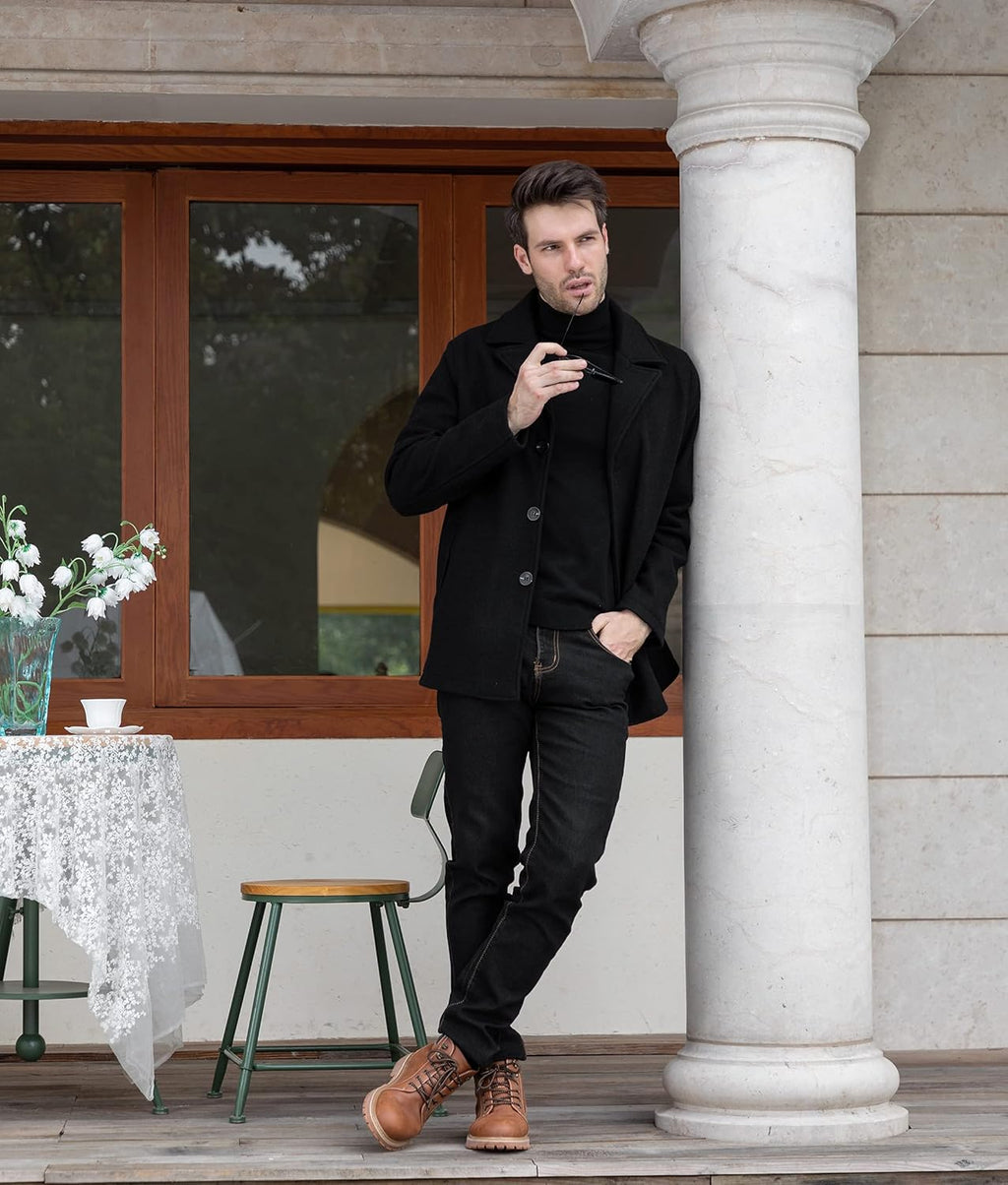 Stylish Men's Winter Double Breasted Belted Pea Coat - Warm Woolen Jacket for Outdoor Adventures