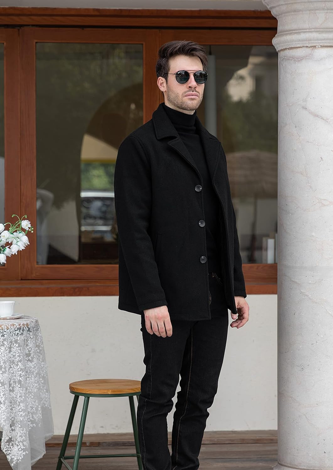 Stylish Men's Winter Double Breasted Belted Pea Coat - Warm Woolen Jacket for Outdoor Adventures